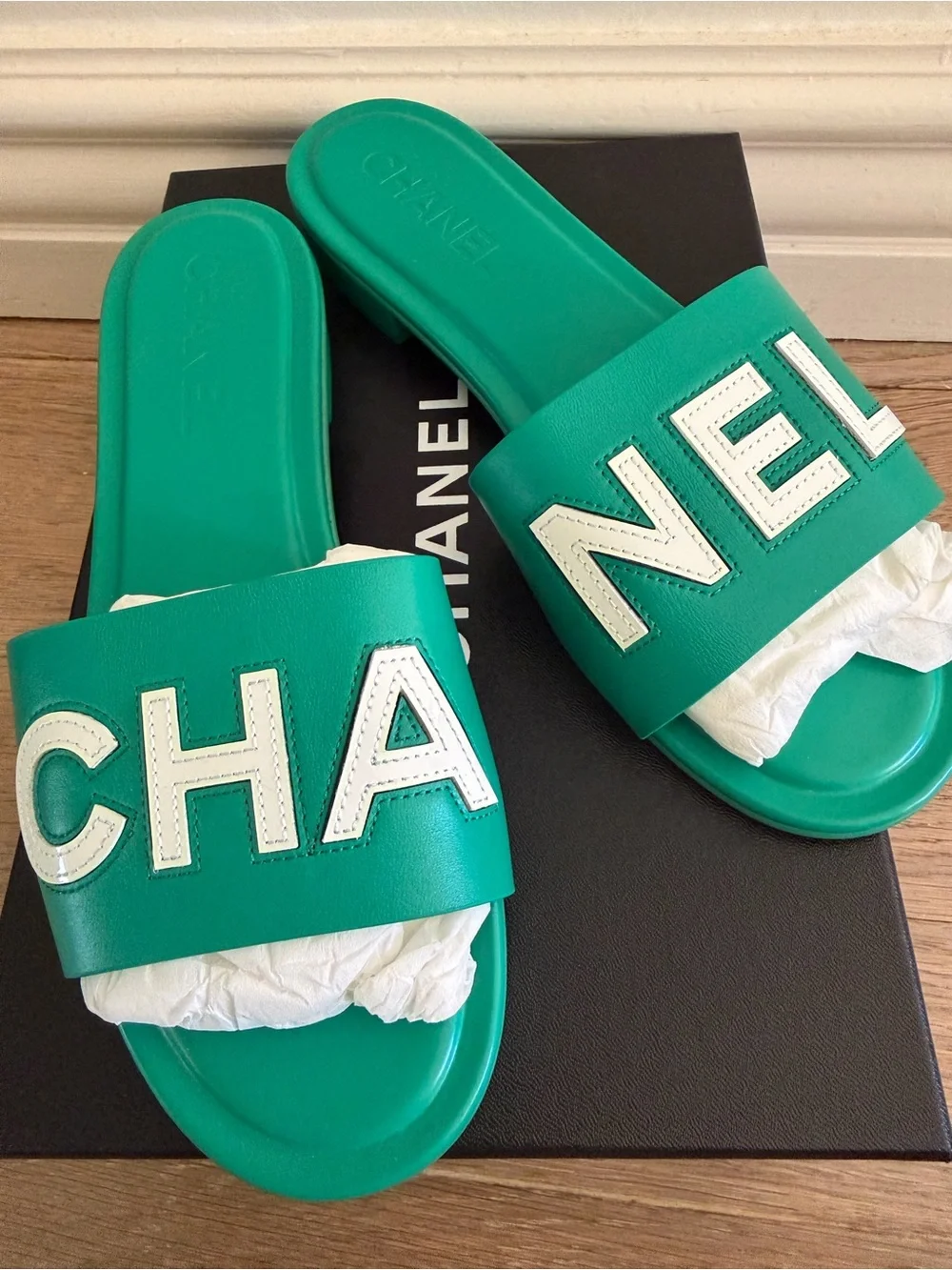 CHANEL Green Slide Sandals with White Logo Panel